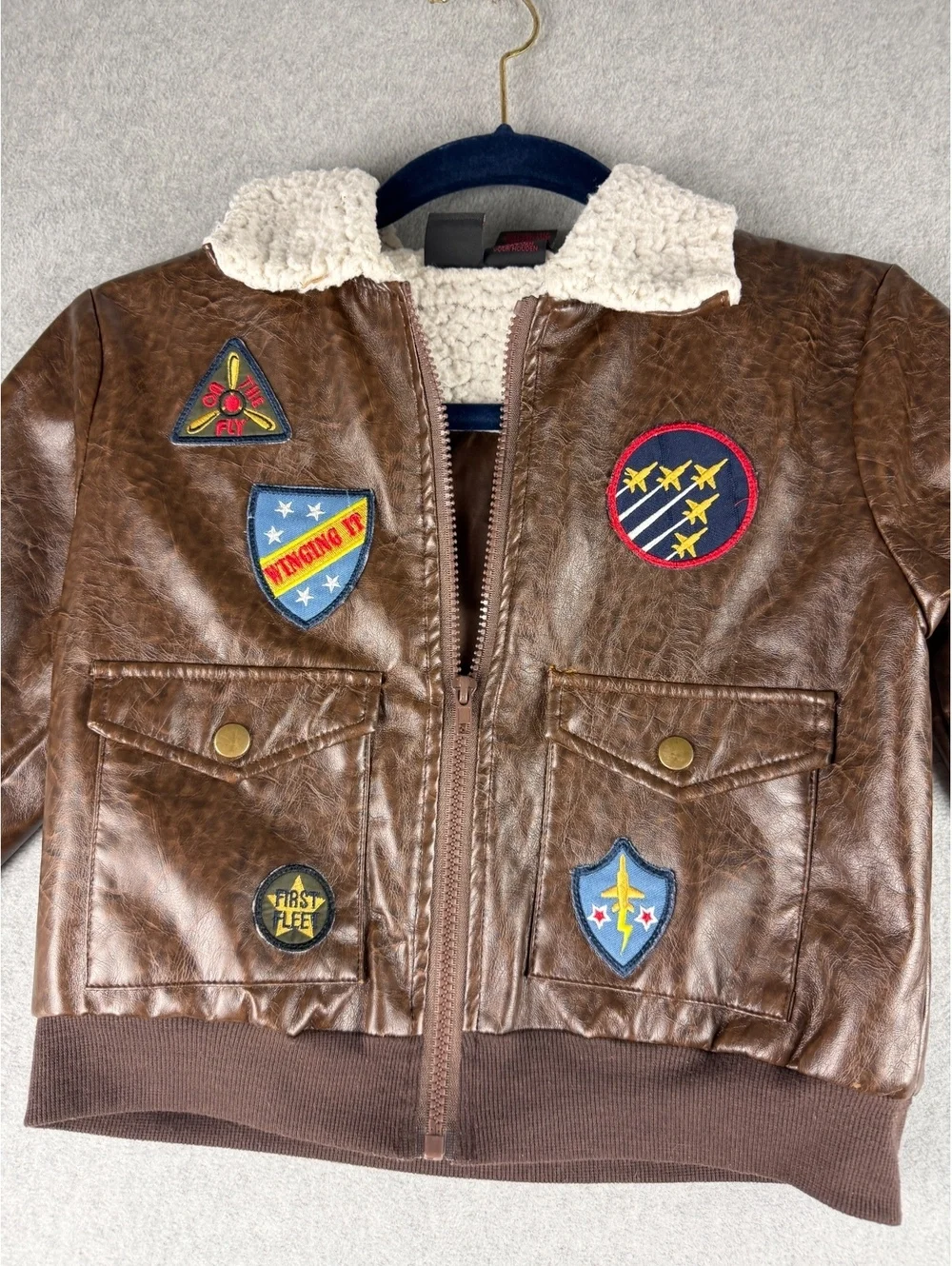 Authentic Kids Aviator Bomber Jacket Size 7 Brown Faux Leather Sherpa